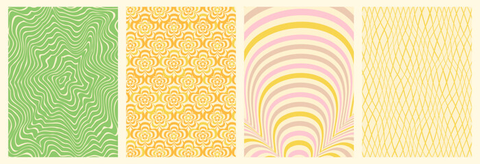 Groovy backgrounds set. Retro groovy texture. 60s and 70s style. Hippie backgrounds. Psychedelic funky abstract. Groovy poster template. Nostalgia for the 70s.