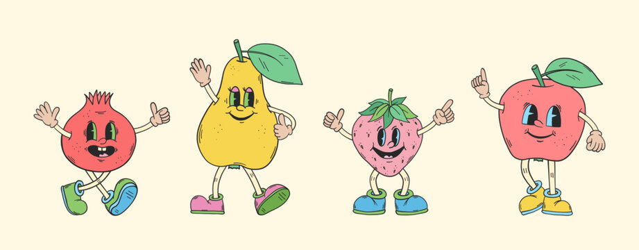 Retro cartoon characters. Groovy fruits vector set. Pomegranate, pear, strawberry and apple cartoon characters. 70s groovy hippie clipart. Psychedelic funky 60s doodles. Set of retro cartoon stickers.