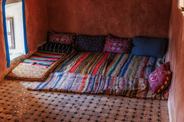 Interior of a traditional room in the Kasbah or fortified village of Ait Benhaddou in Morocco