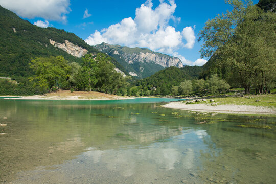 Panorama of idyllic Tenno lake in Trentino during summer day of august, Italy