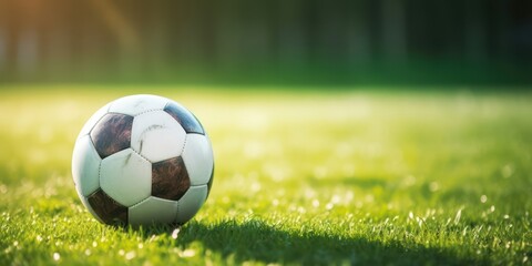Soccer ball on lush turf against a softly blurred scene.
