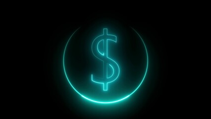 Neon glow cyan color dollar icon on black background illustration.
