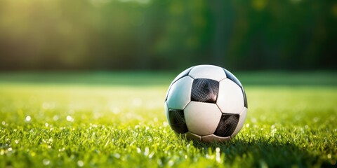 Soccer ball on vibrant field against a gently blurred background.