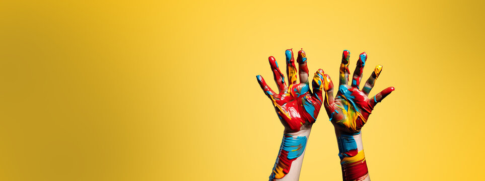 Hands painted with paint symbolizing diversity, unity and multiculturalism, banner cover design. Generative AI