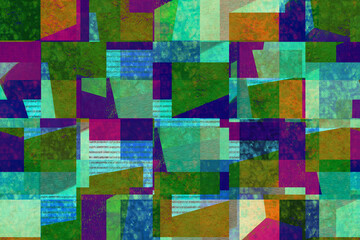 緑や紫などのバリエーションの大小の四角のコラージュ風色面構成