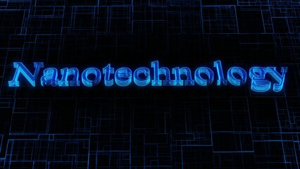 Nanotechnology text concept on si-fi technology circuit line particles illustration background.