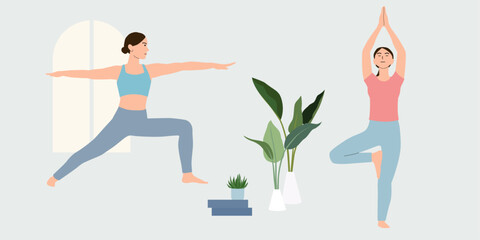 Young women practicing yoga. Flat vector illustration. 