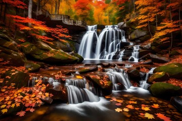 A majestic waterfall in autumn, surrounded by a breathtaking display of vibrant foliage