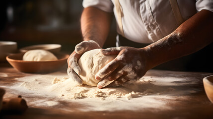 Close up of an asian indian man's hands preparing dough to make bread in a home kitchen 