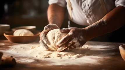 Poster Pain Close up of an asian indian man's hands preparing dough to make bread in a home kitchen 