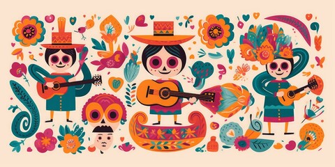Mexican collection. Beautiful  illustration with design for Mexican holiday 5 may Cinco De Mayo.  template with traditional Mexican symbols skull, Mexican man, woman, guitar, Generative AI 