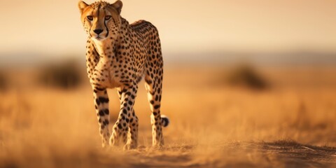 Cheetah Intense Gaze in Savannah Setting - obrazy, fototapety, plakaty