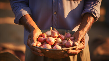 Close up of an asian indian man's hands holding a bowl of onions