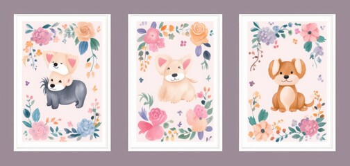 Beautiful flower collection of posters with dogs, flowers and leaves. Notebook covers. Baby posters and cards with dogs and flowers pattern. Nursery baby, Generative AI 