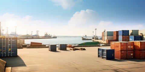 Obraz premium Stacked Containers by Harbor, Logistic Depiction