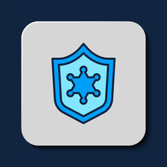 Filled outline Police badge icon isolated on blue background. Sheriff badge sign. Vector