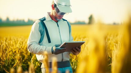 Modern high tech in agriculture, male farm worker wearing virtual glasses using digital tablet while standing on agricultural field. Monitors and controls the condition of the crop with ai technology.