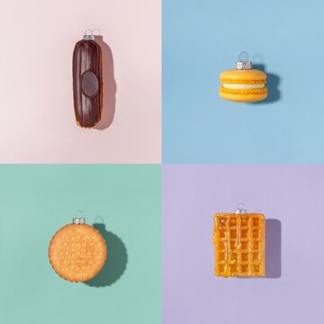 New year&rsquo;s pattern. Christmas eclair macaroon waffle cookie.