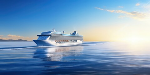shot of large cruise ship at deep blue sea - obrazy, fototapety, plakaty