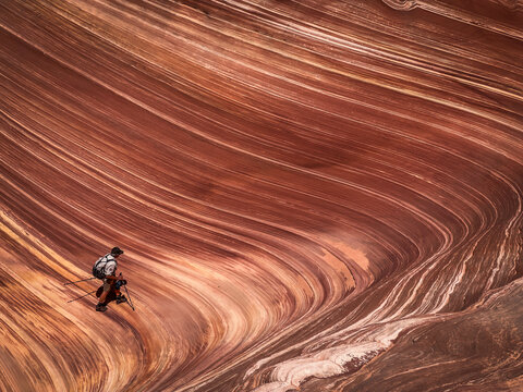A ranger walks within the striations of the Wave
