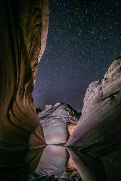 A reflection pool at the Wave, Arizona, at night