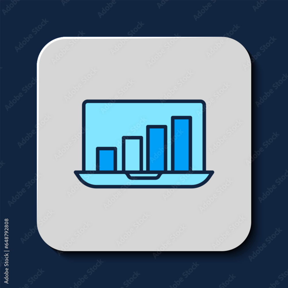 Poster filled outline laptop with graph chart icon isolated on blue background. report text file icon. acco