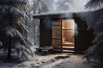 An outdoor sauna cabin emitting steam, surrounded by snow-covered pine trees, with footprints leading to its door