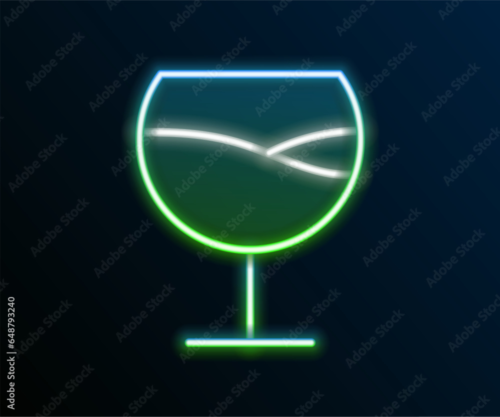 Sticker Glowing neon line Wine glass icon isolated on black background. Wineglass sign. Colorful outline concept. Vector