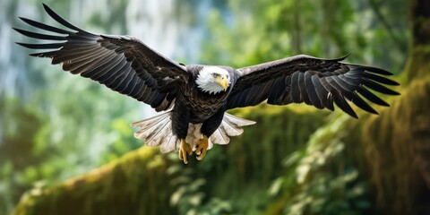 Eagle in flight dances aerially above the rainforest