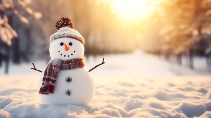 Obraz premium Christmas decoration with a cute cheerful snowman in the snow in the winter forest