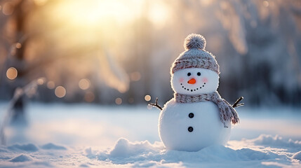 Obraz premium Christmas decoration with a cute cheerful snowman in the snow in the winter forest
