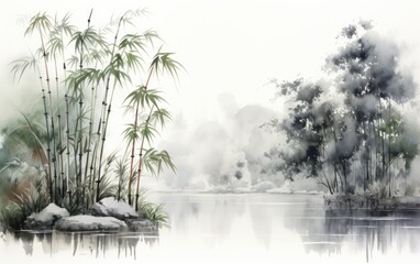 bamboo garden Chinese painting illustration - obrazy, fototapety, plakaty