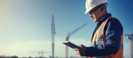 engineer wearing helmet and safety cloth using a digital tablet - Powered by Adobe