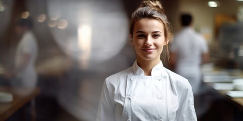 The genuine smile of a female chef embodies the art of cooking.