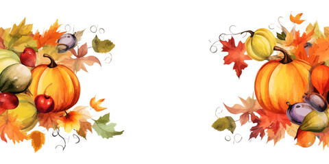 Autumn panorama and pumpkins colorful watercolor frame. Autumn. Vector illustration design.
