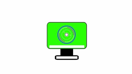 A logo can be seen on the computer monitor icon illustration on white background.