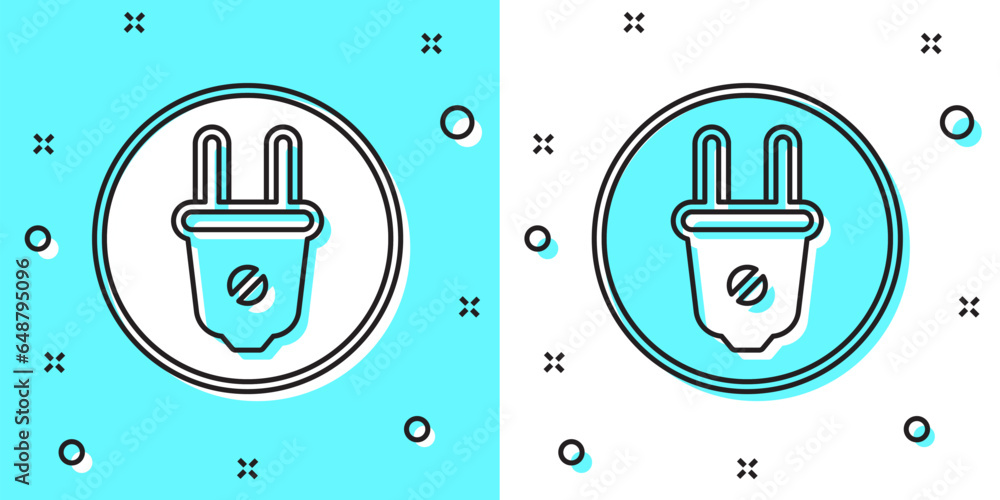 Poster black line electric plug icon isolated on green and white background. concept of connection and disc