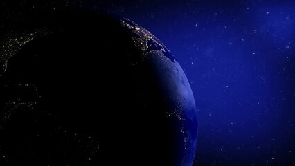 Realistic earth planet with night lights from space in black Universe in starry sky illustration background.