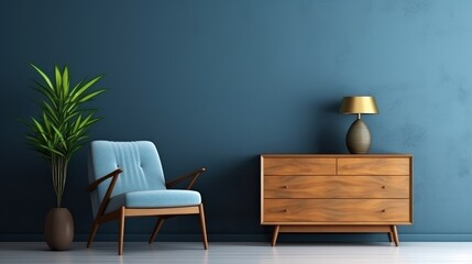 A living room interior featuring a commode paired with a chair and decorative elements, set against a backdrop of a dark blue wall as a mock-up background. This scene has been rendered in 3D.