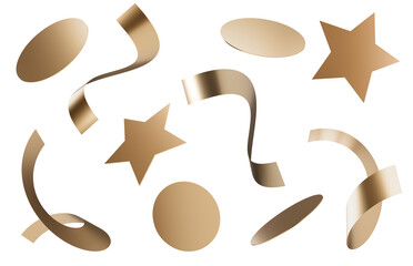 Golden glitter confetti on transparent background. Shiny particles, close up view. Party, Merry Christmas, Happy New year, Birthday decoration. Cut out confetti parts, sequins, stars, ribbons. 3D.