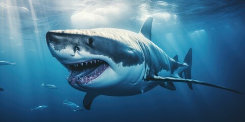 Fototapeta premium Terrifying Great White Shark in the Deep Blue