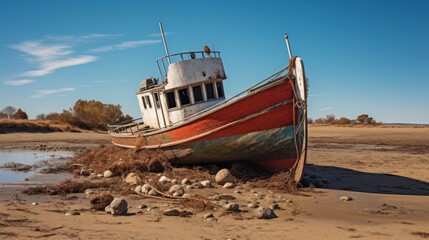 An abandoned boat resting on the arid land.