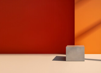 Creative mock concept. Empty vibrant muted abstract large empty wall room with cube podium and natural shadow. Banner template for product presentation. Mock up 3D render