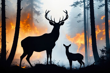 Environmental Crisis Art, Wildlife vs. Forest Fire Stock Photo, AI Generated