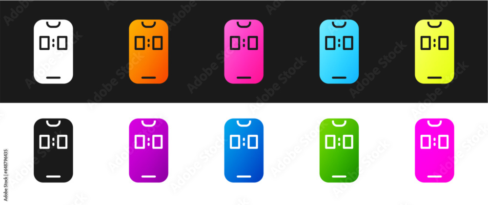 Poster set alarm clock app smartphone interface icon isolated on black and white background. vector