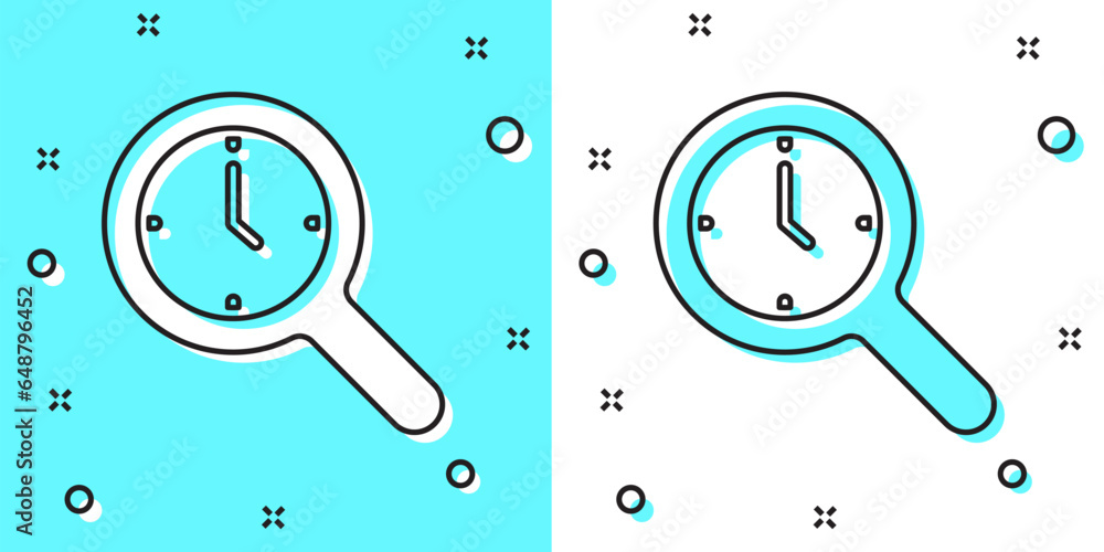 Poster black line magnifying glass with clock icon isolated on green and white background. clock search. ra