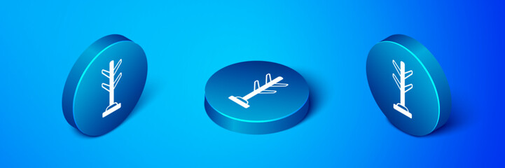 Isometric Coat stand icon isolated on blue background. Blue circle button. Vector