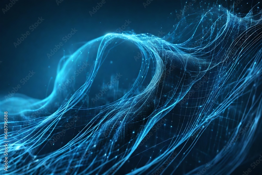 Poster abstract blue digital particles wave and digital data network connections for a technology, communic
