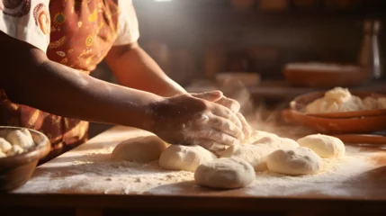 Poster Close up of an asian indian woman's hands preparing dough to make bread in a home kitchen  © Dionysus