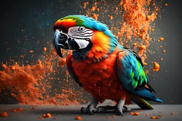 red and yellow macaw, Creative Idea splash of color becoming a parrot on black background